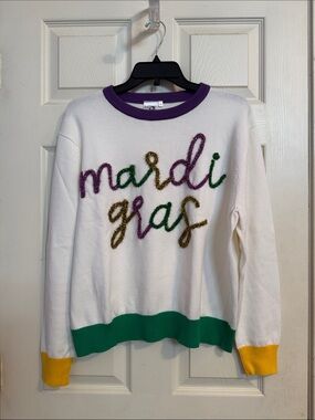 QUEEN OF SPARKLES White Mardi Gras Knit Sweater with Purple Neckline